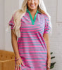 Pink Stripe Collared V Neck Puff Sleeve T Shirt Dress Markonline