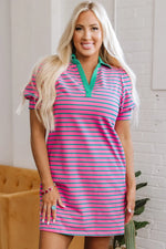 Pink Stripe Collared V Neck Puff Sleeve T Shirt Dress Markonline