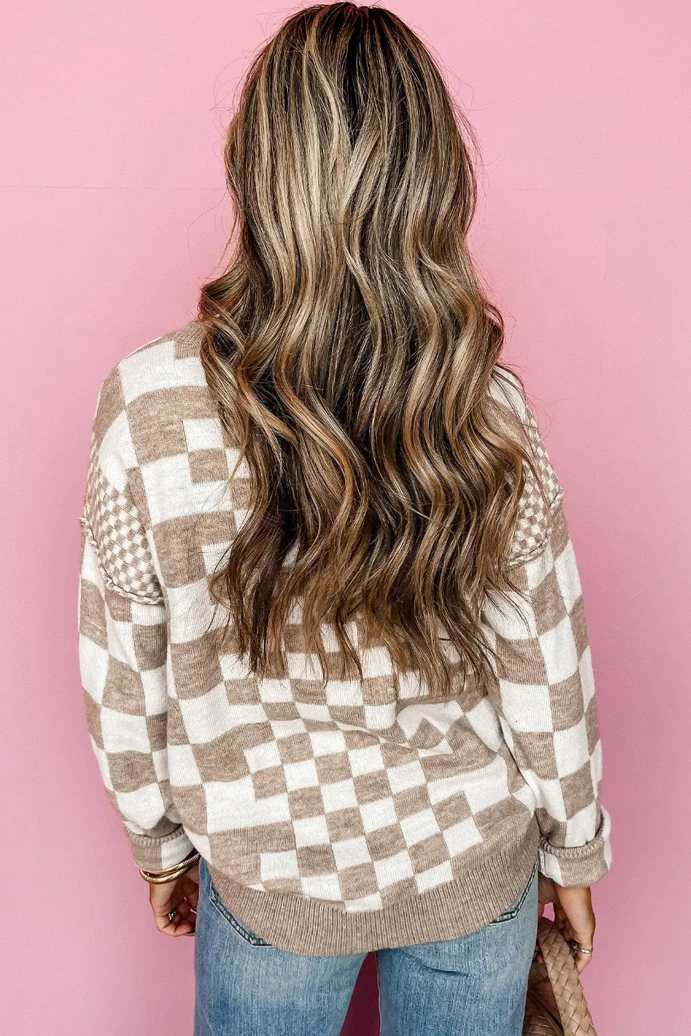 Khaki Checkered Print Drop Shoulder Round Neck Sweater Dear-Lover Dropshipping