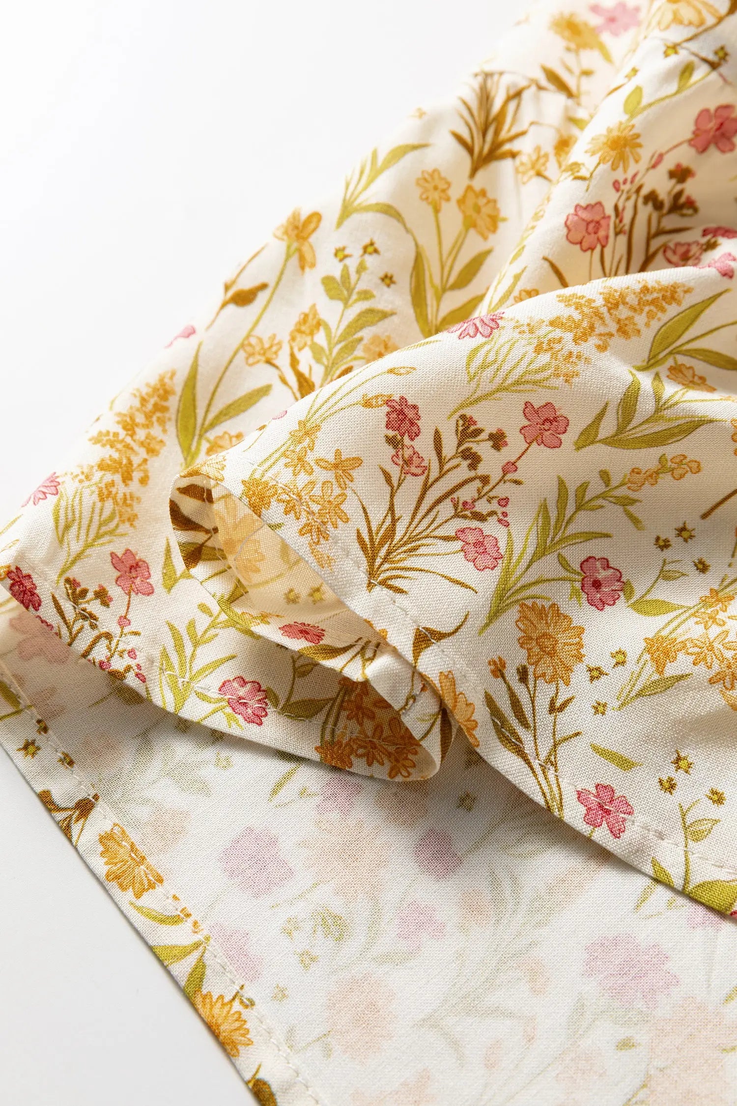 Yellow Floral Print Frilly Trim Smocked Cuff Long Sleeve Loose Shirt Dress Markonline