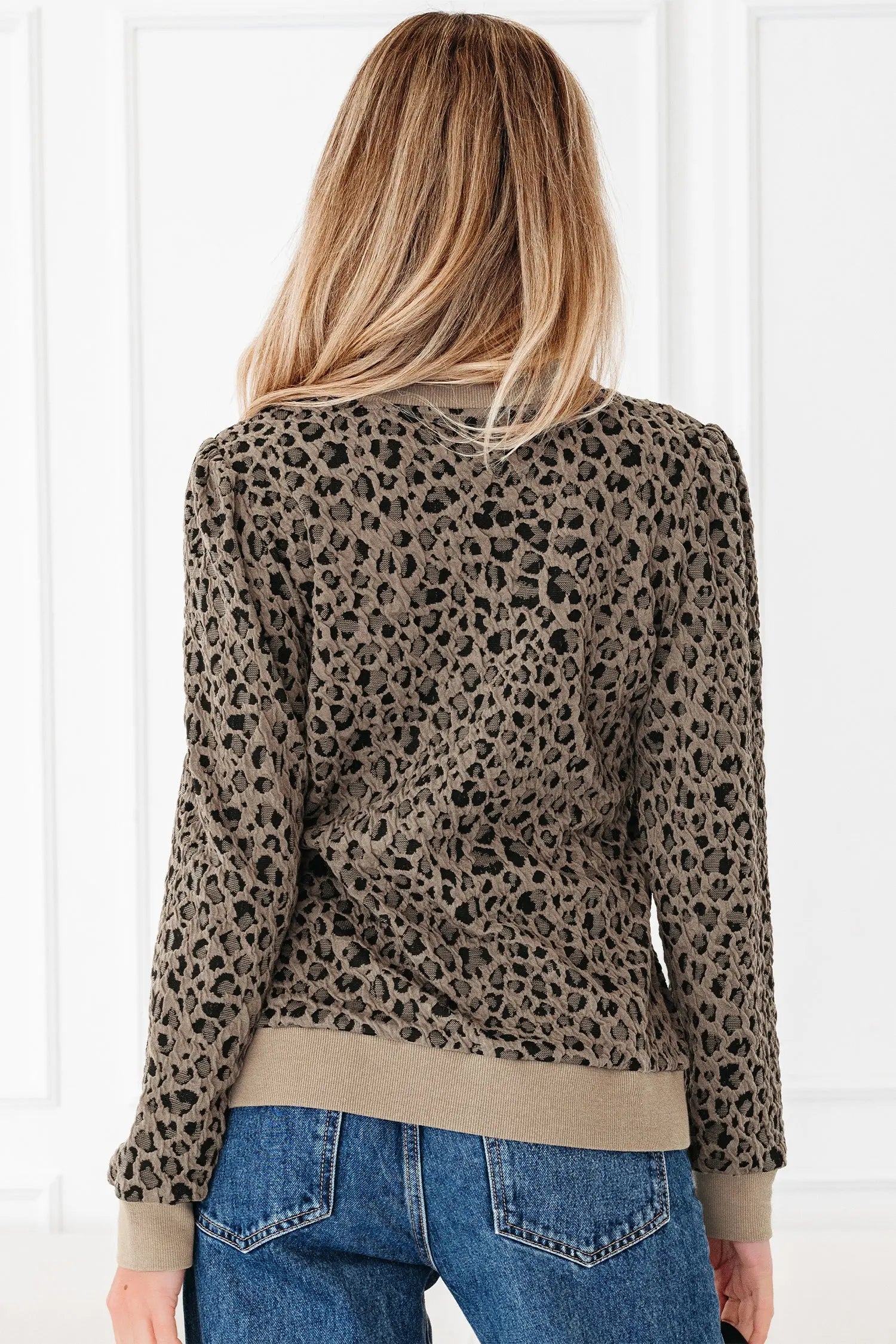 Khaki Ribbed Trim Leopard Print Long Sleeve Top