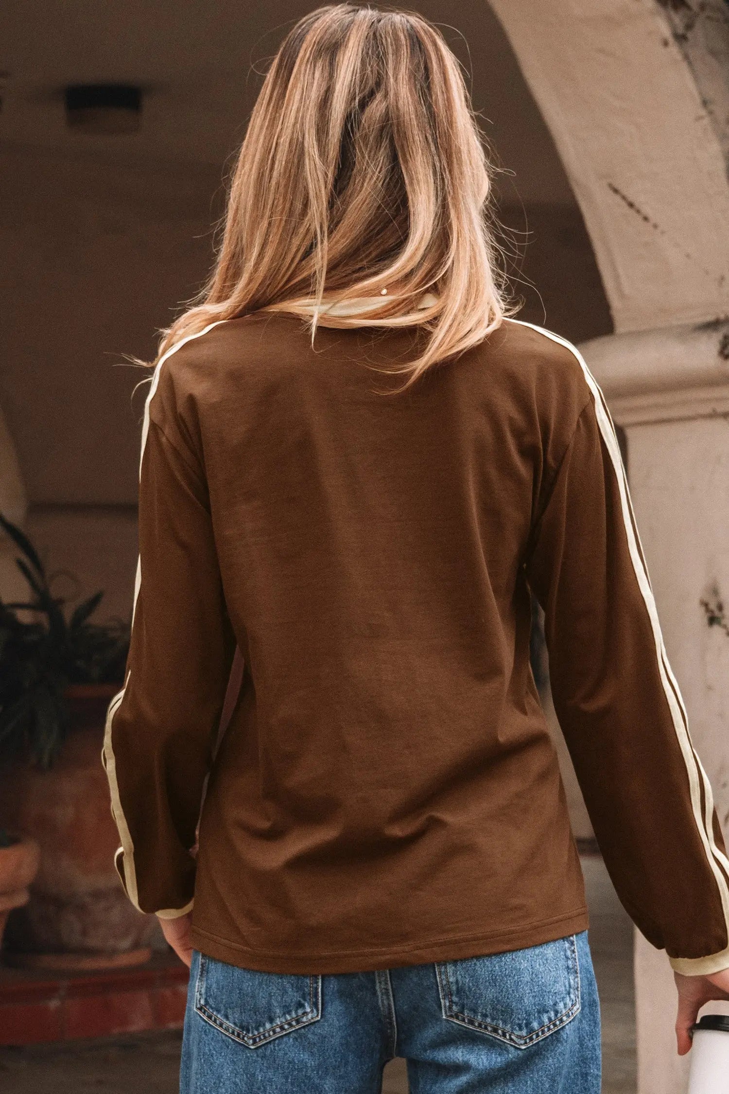 Dark Brown Varsity Striped Accent Contrast Crew Neck Long Sleeve T Shirt Markonline