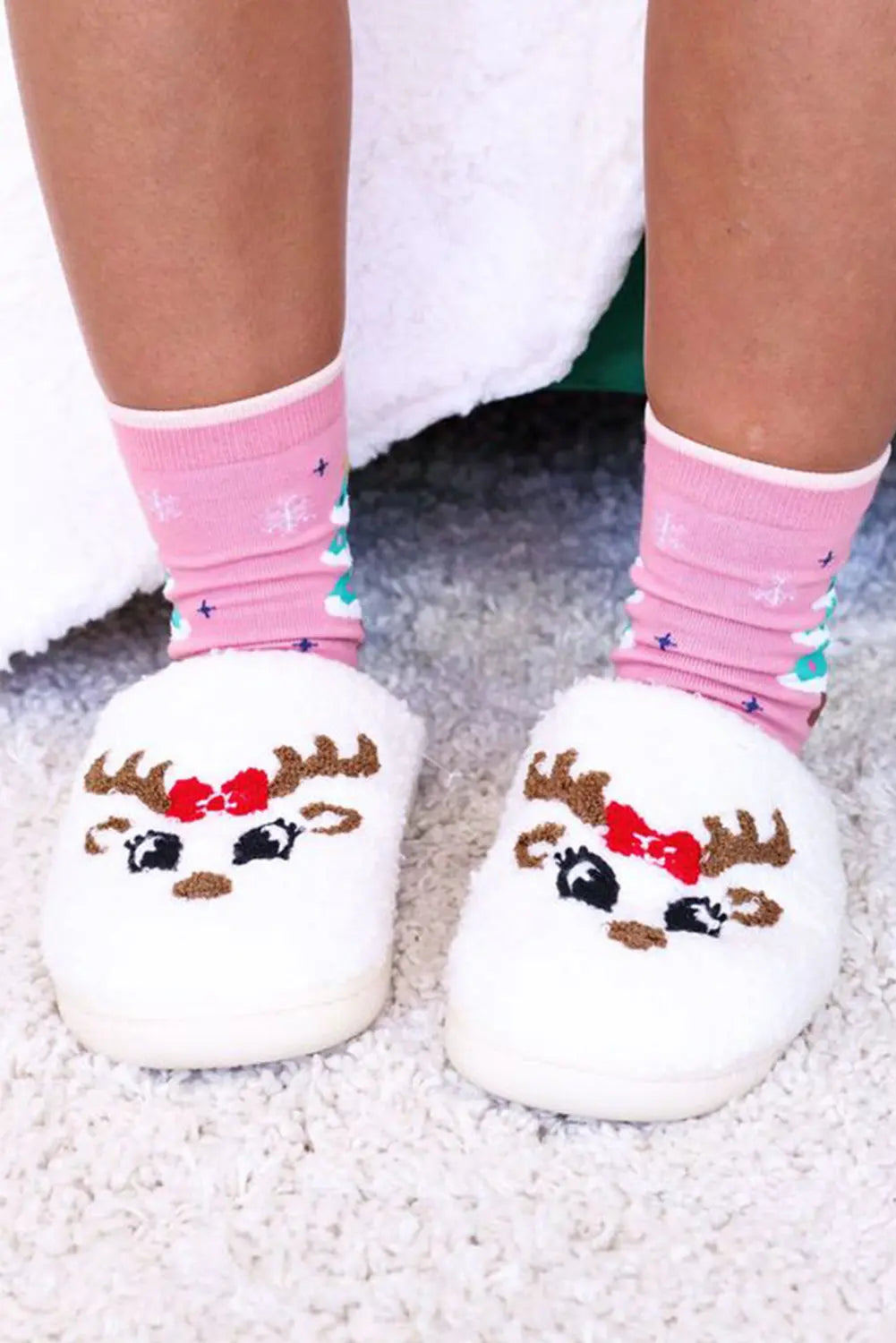 White Christmas Cartoon Pattern Plush Slippers Dear-Lover Dropshipping