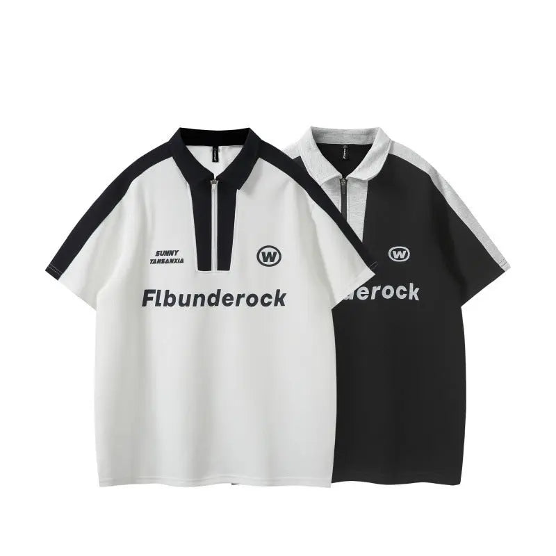 Letter printed half zip loose polo shirt short sleeved Markonline