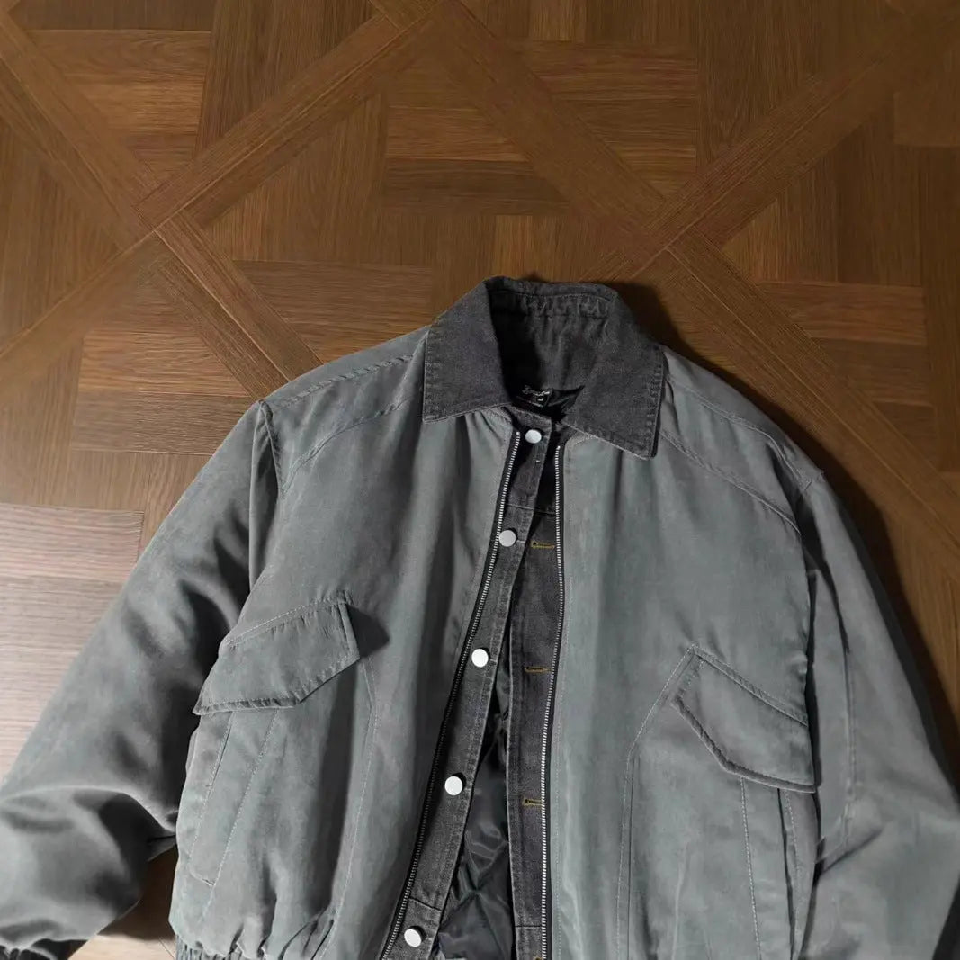 Stylish Faux Two-Piece Distressed Workwear Lapel Cotton Jacket for Men and Women, Winter Denim Lined Thick Warm Coat