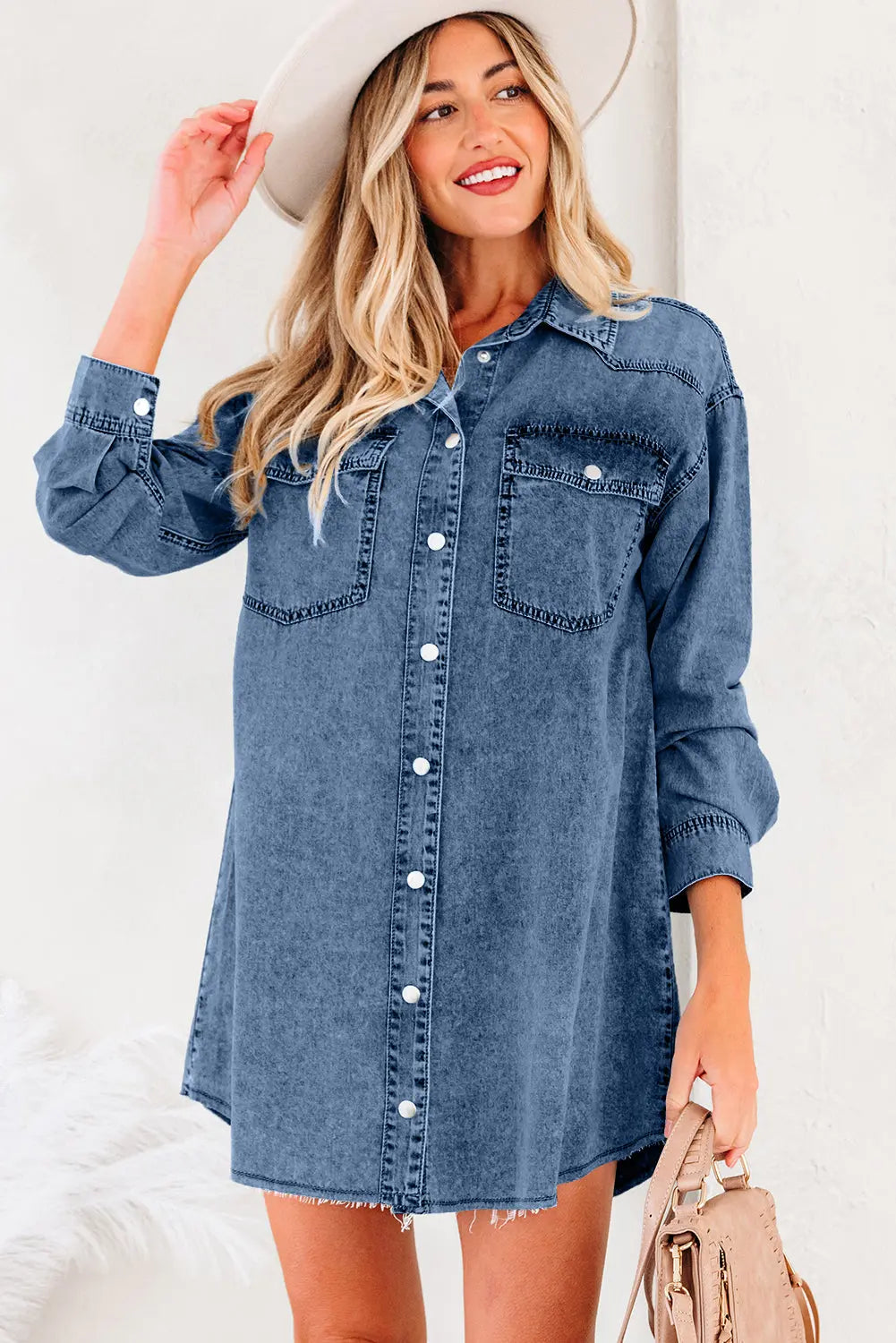 Blue Beau Chest Pocket Raw Hem Denim Loose Shirt Dress Markonline