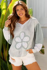 Green Floral Patched Waffle Textured Colorblock V Neck Casual Hooded Top Markonline