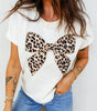 White Leopard Bow Embroidered Cotton Round Neck T Shirt Markonline