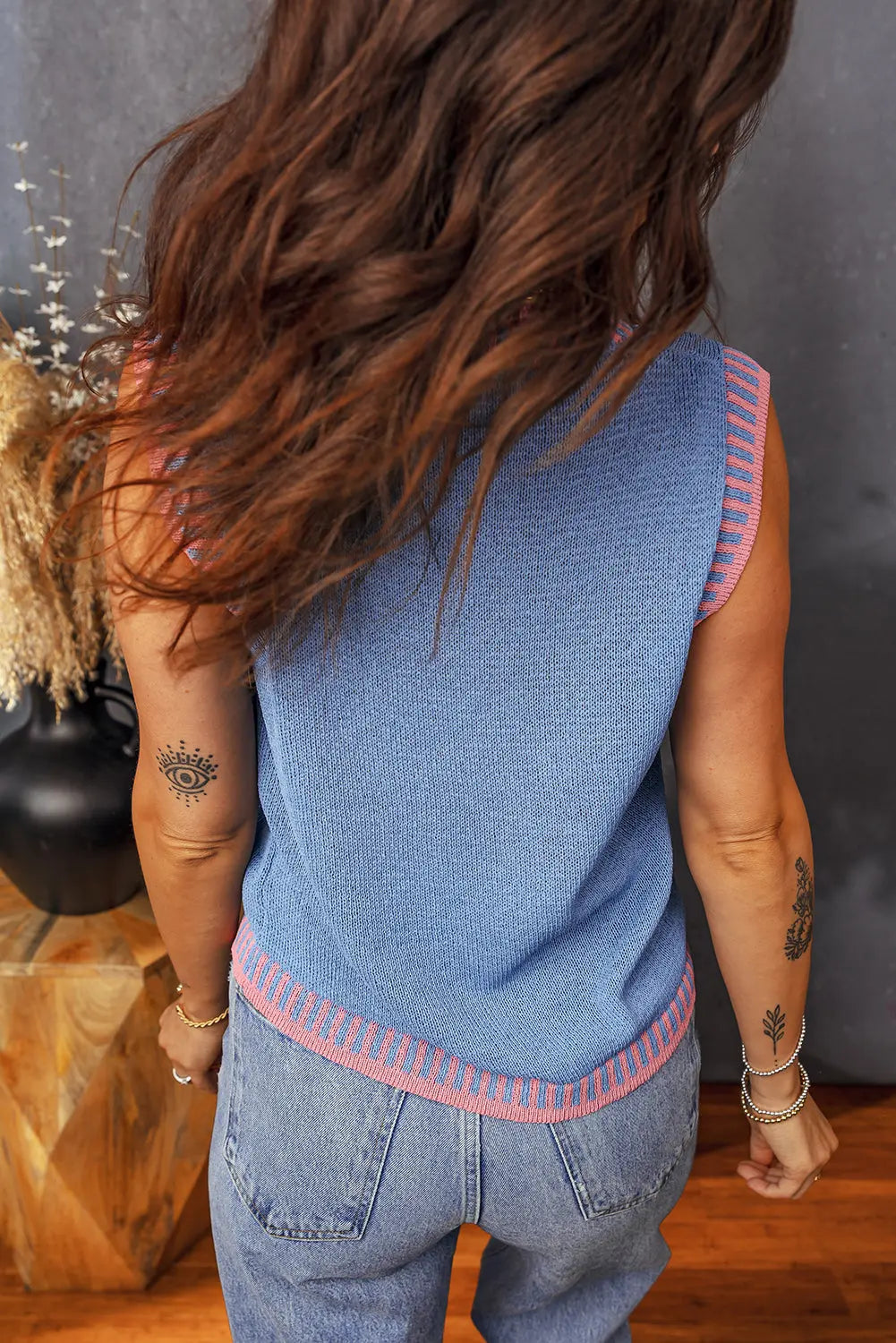 Sky Blue Contrast Trim Round Neck Sleeveless Sweater Dear-Lover Dropshipping