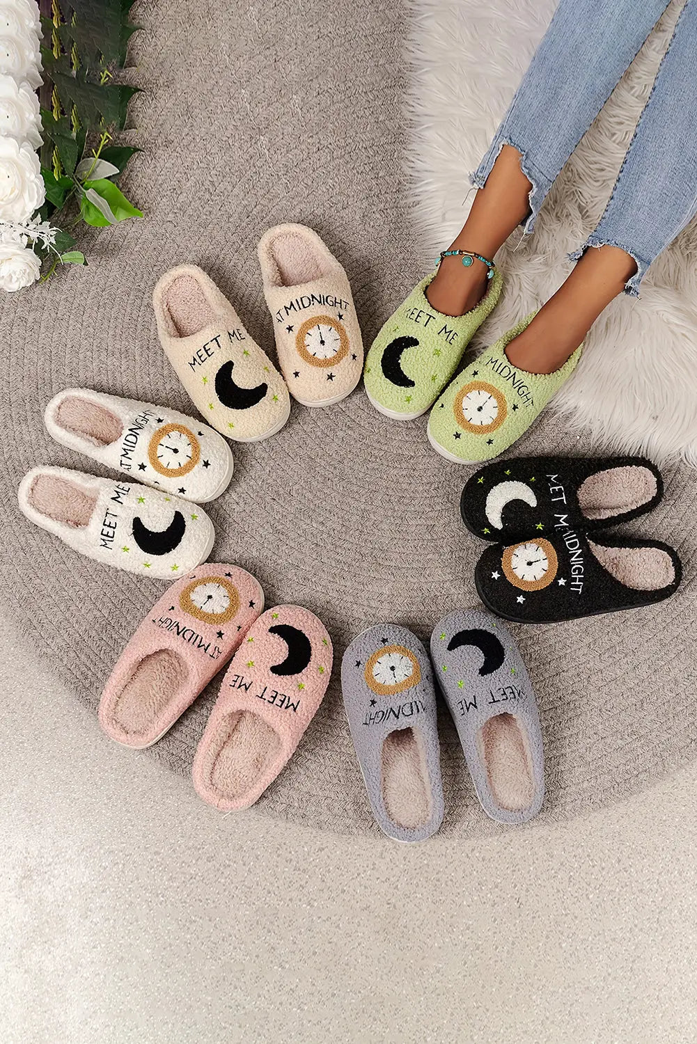 Light Pink Moon & Clock Pattern Fuzzy Home Slippers Dear-Lover Dropshipping