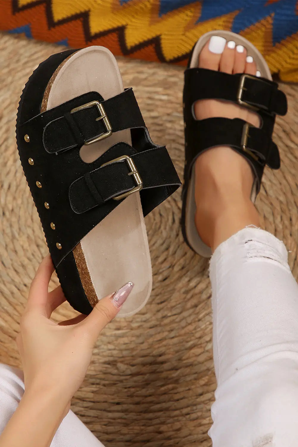 Black Suede Buckle Decor Footbed Sandal Slippers Dear-Lover Dropshipping