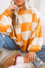 Orange Checkered Bishop Sleeve Sweater Dear-Lover Dropshipping