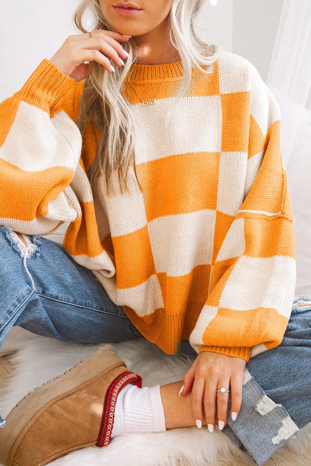 Orange Checkered Bishop Sleeve Sweater Dear-Lover Dropshipping