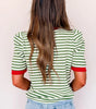 Green Stripe Short Puff Sleeve Contrast Trim Round Neck Tee Markonline