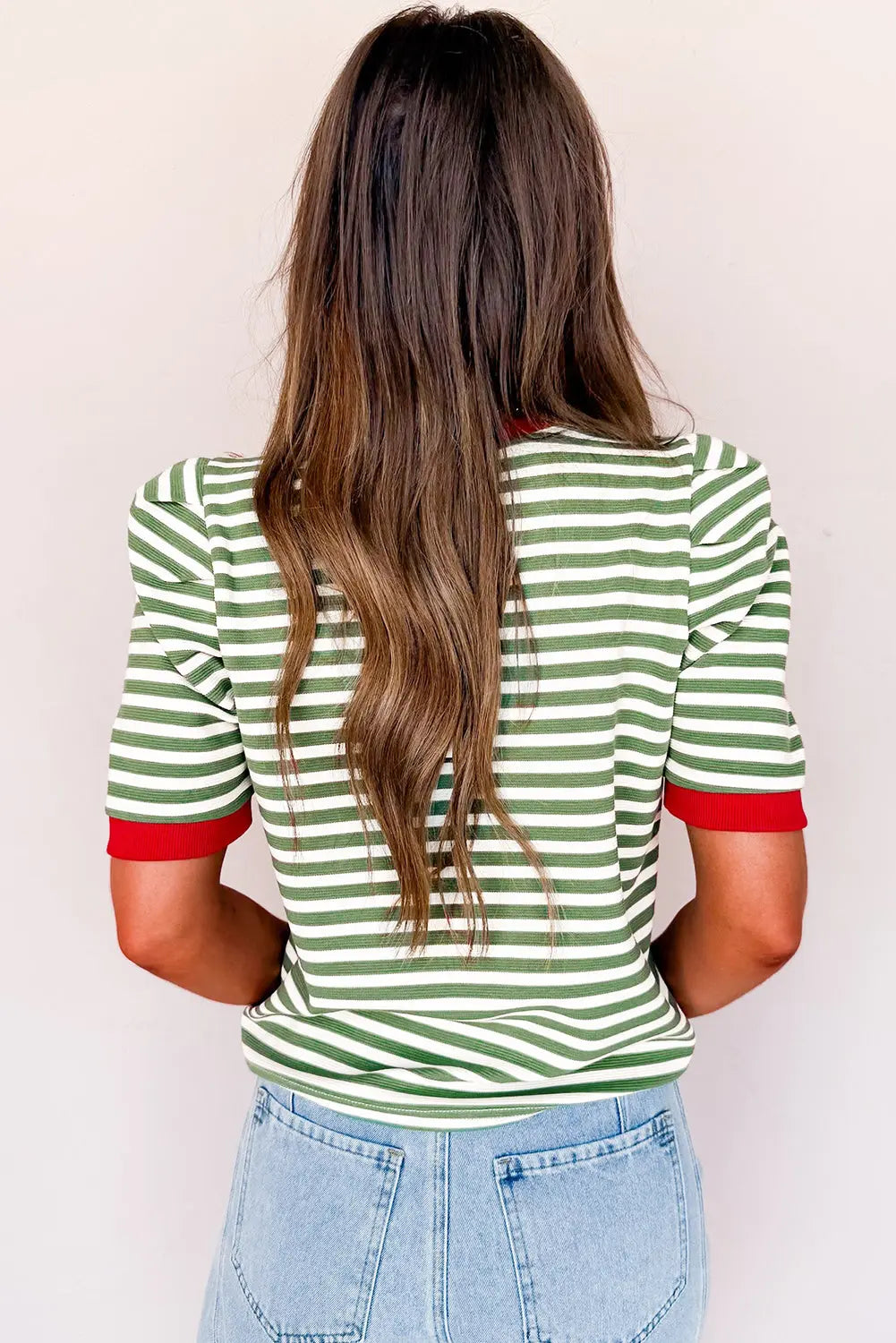 Green Stripe Short Puff Sleeve Contrast Trim Round Neck Tee Markonline