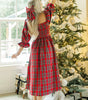 Red Tartan Plaid Square Neck Puff Sleeve Knot Waist Flared Midi Dress Markonline