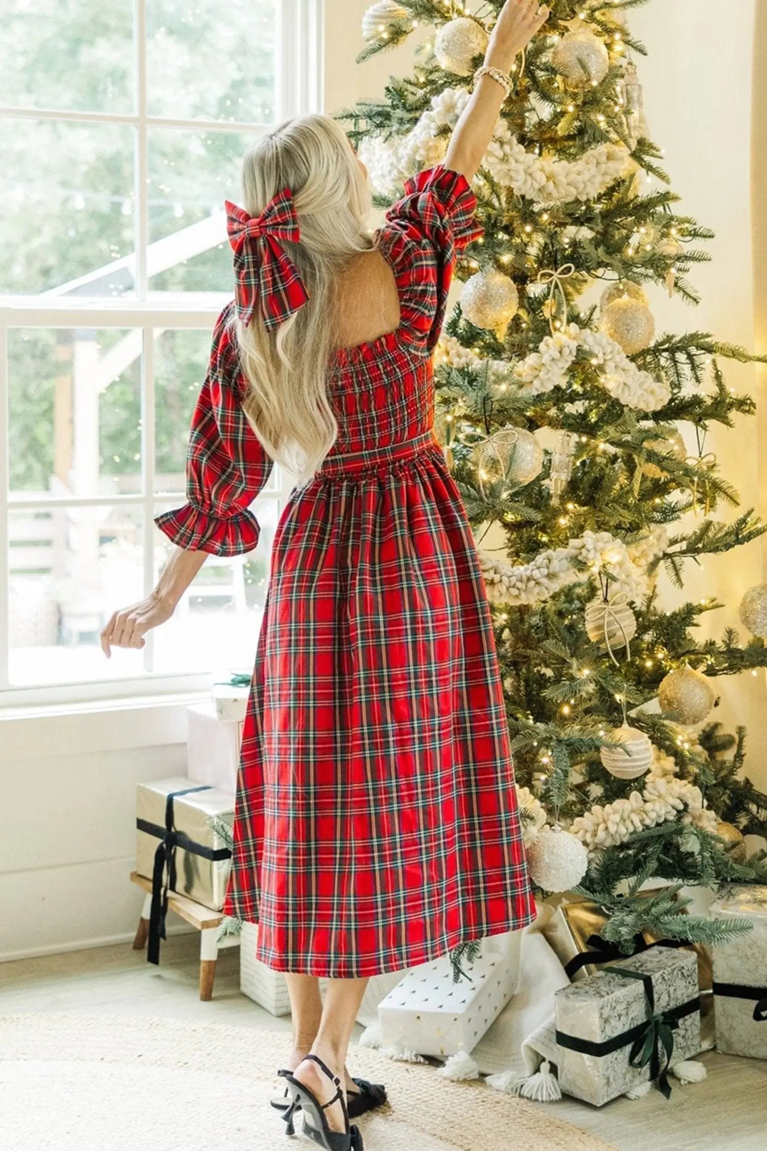 Red Tartan Plaid Square Neck Puff Sleeve Knot Waist Flared Midi Dress