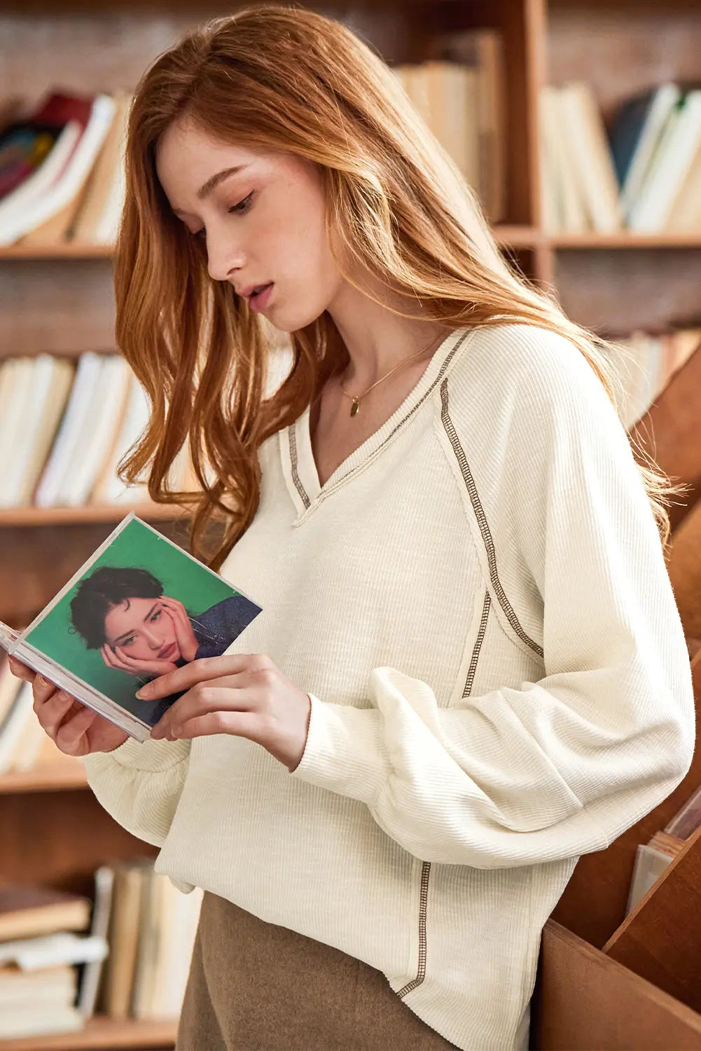 Beige Exposed Seam Textured Knit V Neck Pullover Top Markonline