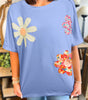 Sky Blue Flower Patched Exposed Stitching Trim Crew Neck Loose Tee Markonline