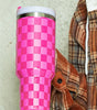 Bright Pink Checkered Print Handled Stainless Steel Tumbler Cup 40oz Dear-Lover Dropshipping
