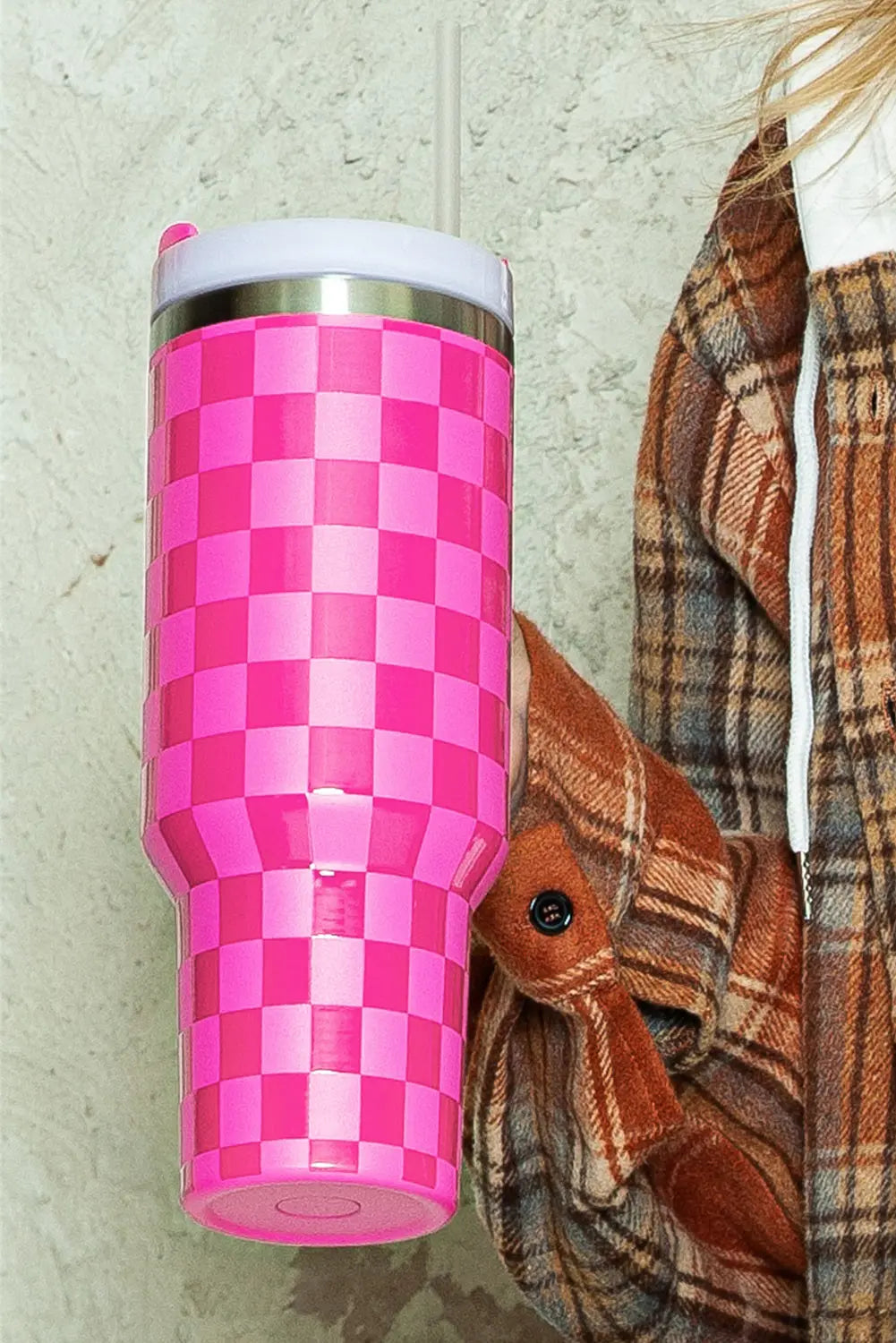 Bright Pink Checkered Print Handled Stainless Steel Tumbler Cup 40oz Dear-Lover Dropshipping