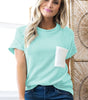 Light Blue Corded Knit Color Block Pocketed Crew Neck T Shirt Markonline