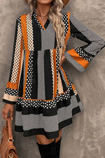 Black Striped Polka Dot Print Ruffled Hem V Neck Mini Dress Markonline