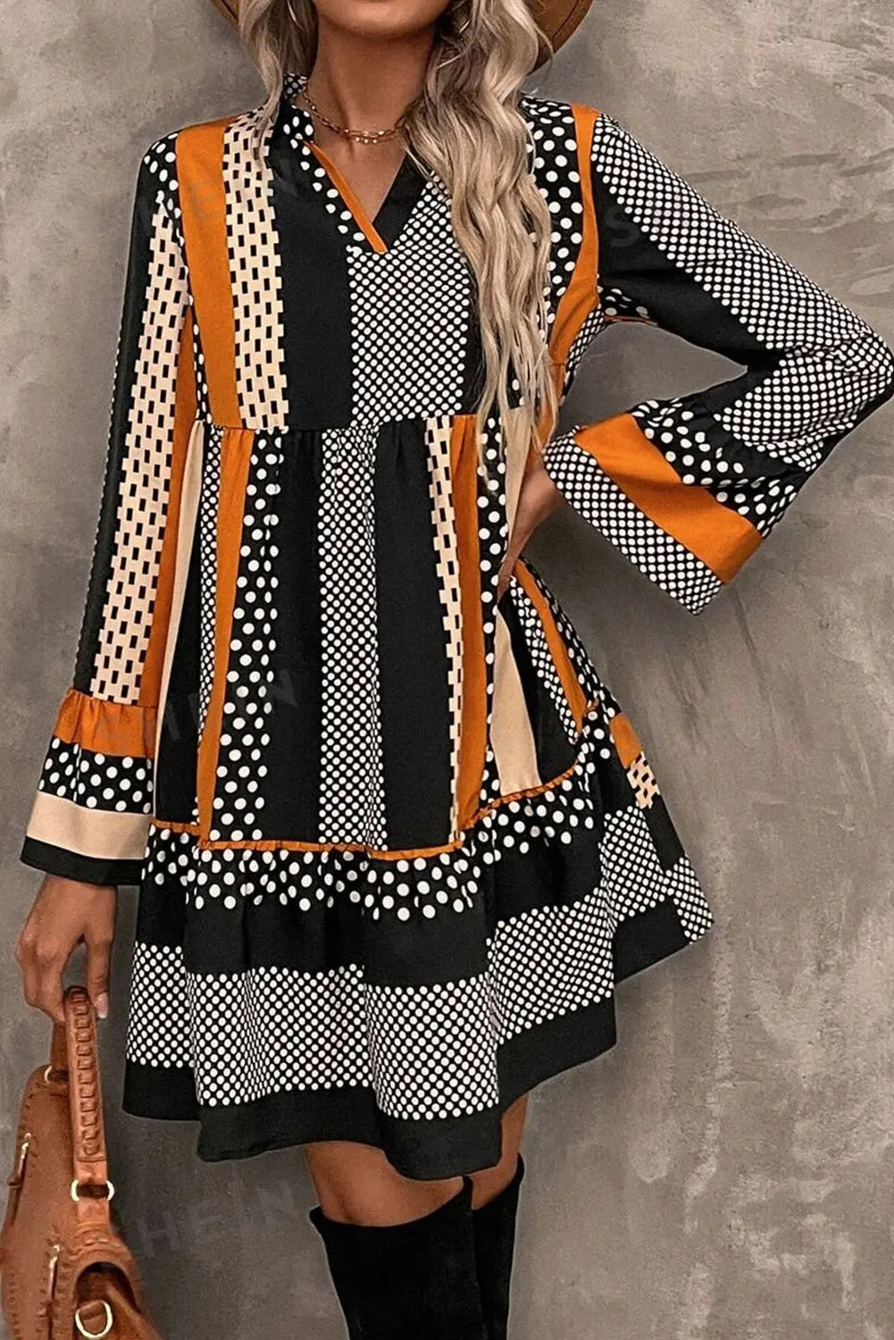 Black Striped Polka Dot Print Ruffled Hem V Neck Mini Dress Markonline