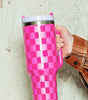Bright Pink Checkered Print Handled Stainless Steel Tumbler Cup 40oz Dear-Lover Dropshipping