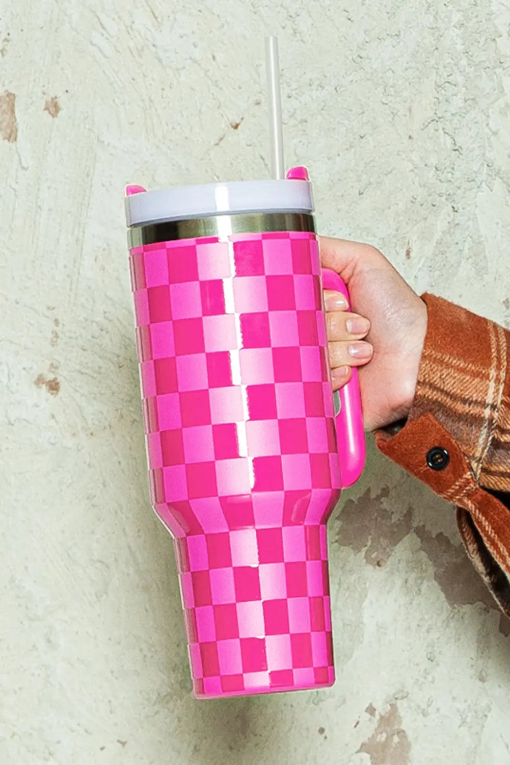 Bright Pink Checkered Print Handled Stainless Steel Tumbler Cup 40oz Dear-Lover Dropshipping