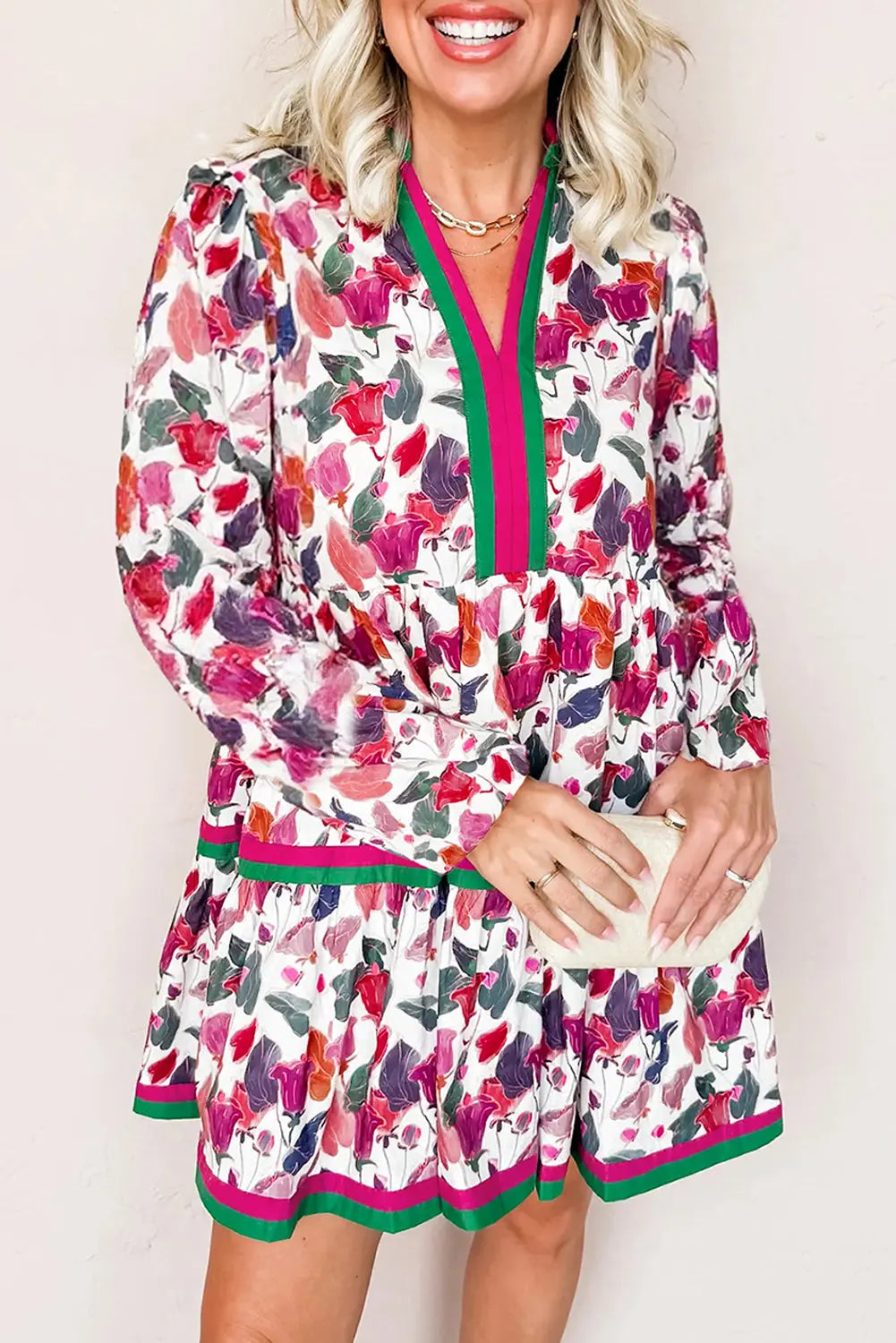 Purple Floral Print Contrast Striped Detail Long Sleeve Mini Dress Markonline