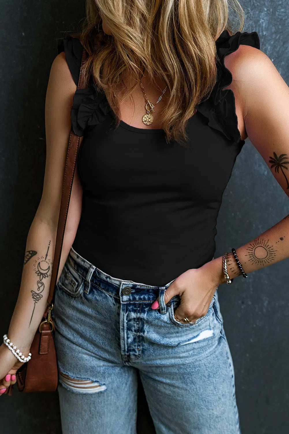 Black Ruffled Wide Straps Slim Tank Top Markonline