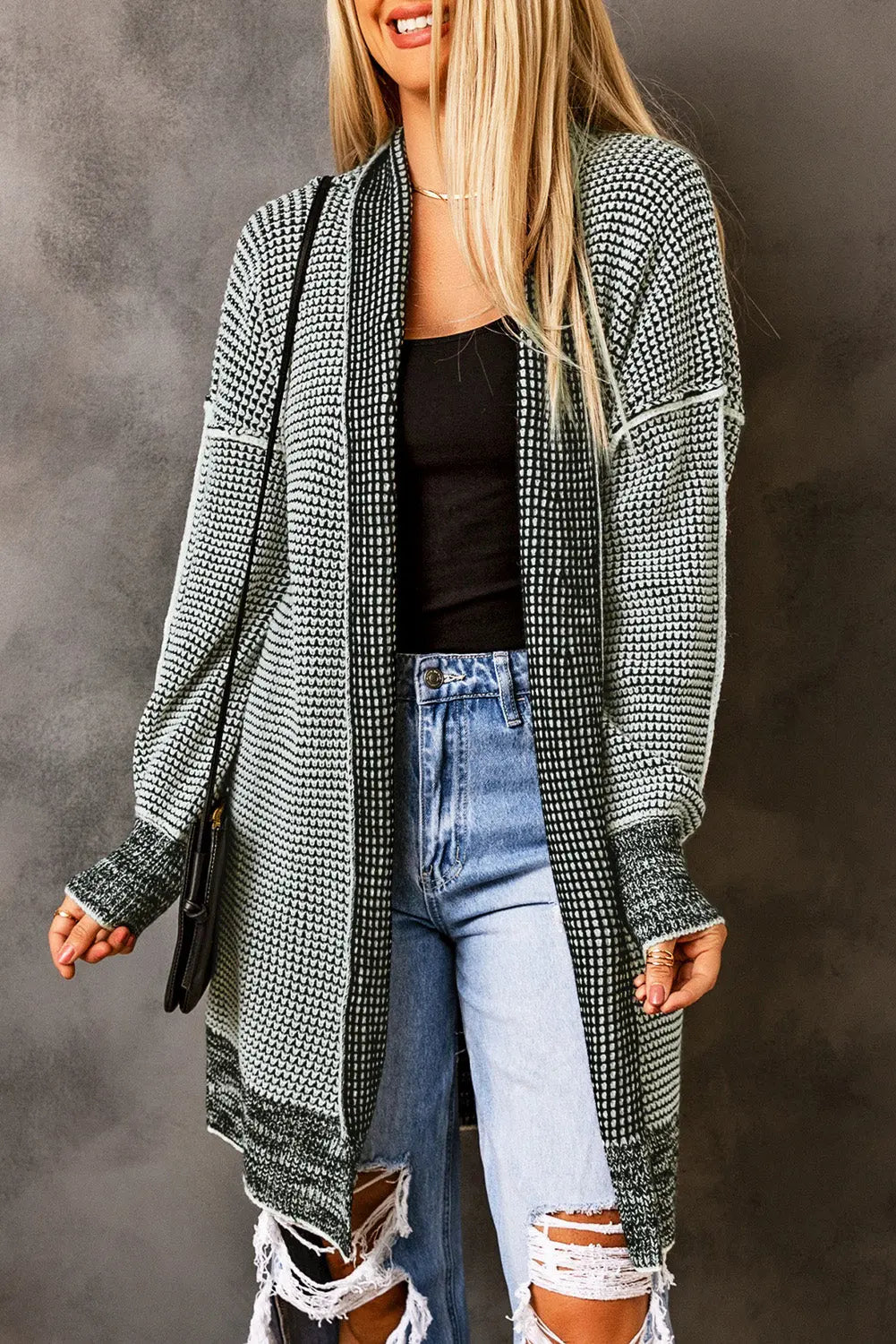 Gray Plaid Knitted Long Open Front Cardigan Dear-Lover Dropshipping