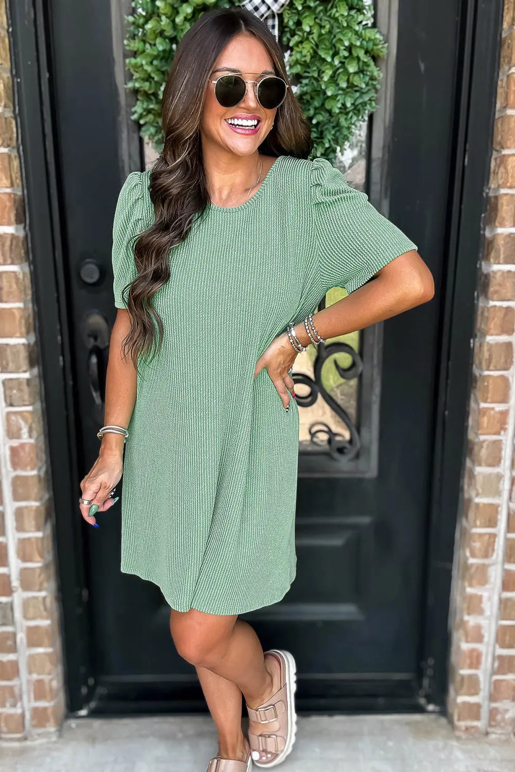 Mint Green Corded Knit Crew Neck Puff Sleeve Shift Mini Dress Markonline
