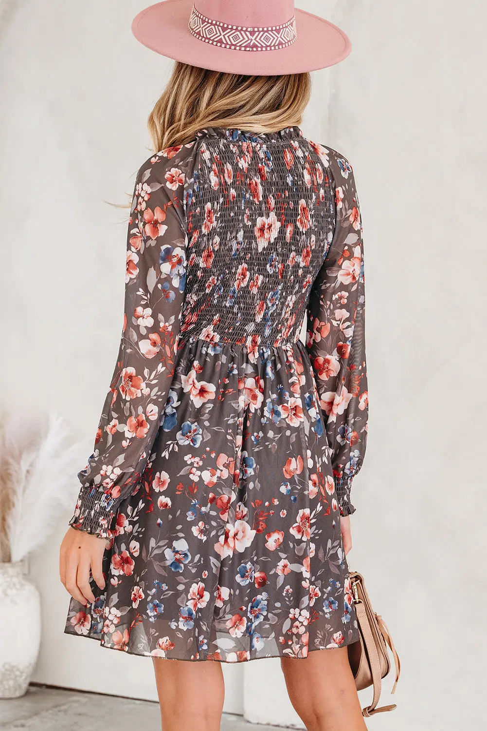 Brown Frilly Smocked Bodice Floral Mesh Long Sleeve Mini Dress Markonline