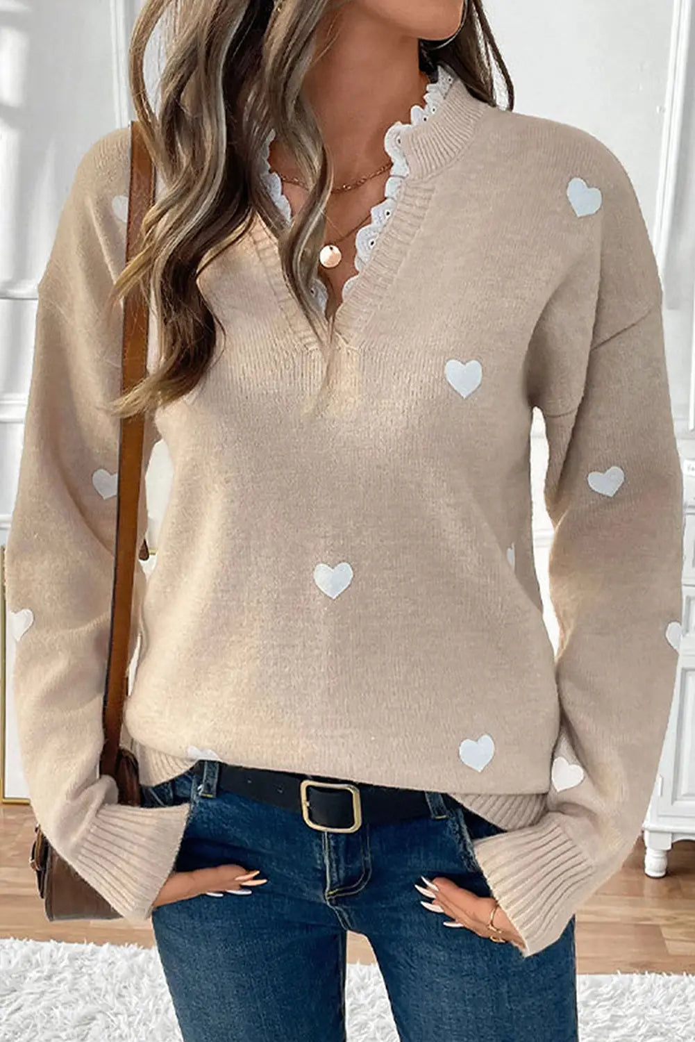 Smoke Gray Heart Print Lace Splicing V Neck Valentines Sweater Dear-Lover Dropshipping