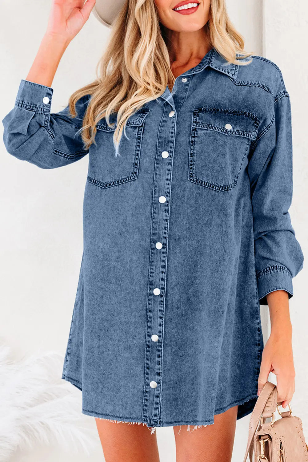 Blue Beau Chest Pocket Raw Hem Denim Loose Shirt Dress Markonline