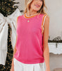 Bright Pink Contrast Trim Pearl Detail Sweater Tank Top Dear-Lover Dropshipping