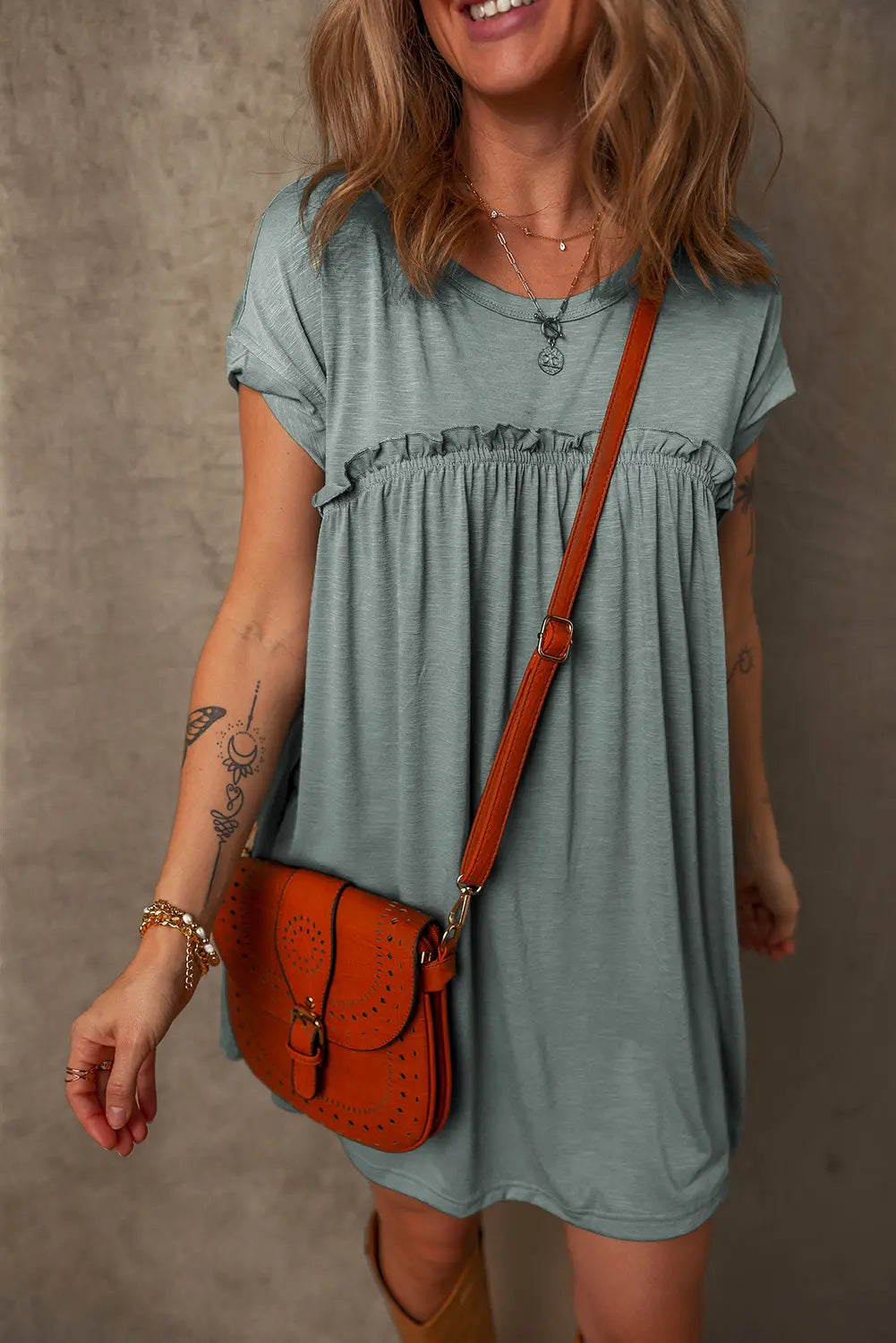 Mist Green Frilled Gathered Seam Round Neck T Shirt Dress Markonline