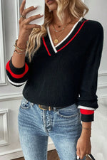 Black Contrast Striped Trim V Neck Drop Shoulder Sweater Dear-Lover Dropshipping
