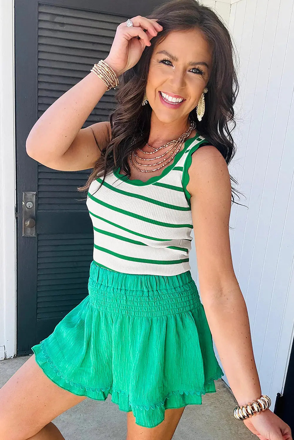 Bright Green Striped Scalloped Edge U Neck Sleeveless Sweater Vest Dear-Lover Dropshipping