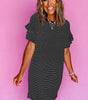 Black Stripe Ruffled Short Sleeve Crew Neck T Shirt Shift Mini Dress Markonline