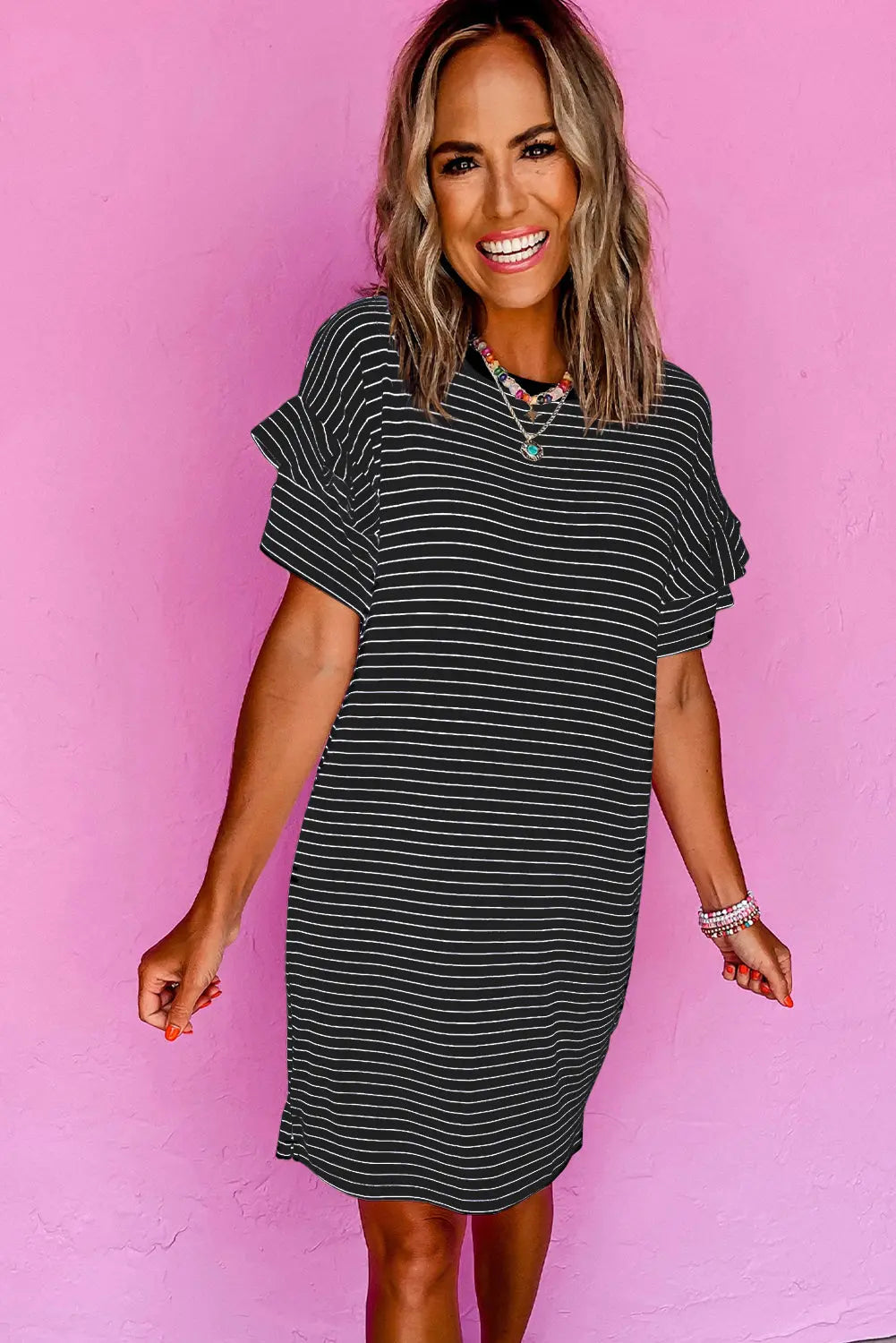 Black Stripe Ruffled Short Sleeve Crew Neck T Shirt Shift Mini Dress Markonline