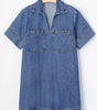 Blue Short Sleeve Collared Patched Pocket Denim Mini Dress Markonline