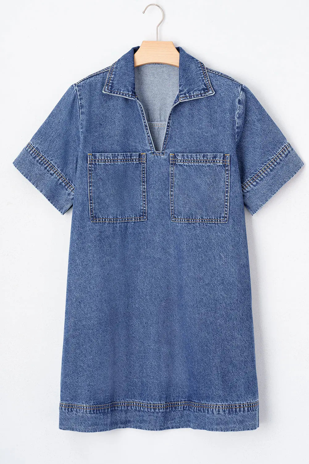 Blue Short Sleeve Collared Patched Pocket Denim Mini Dress Markonline