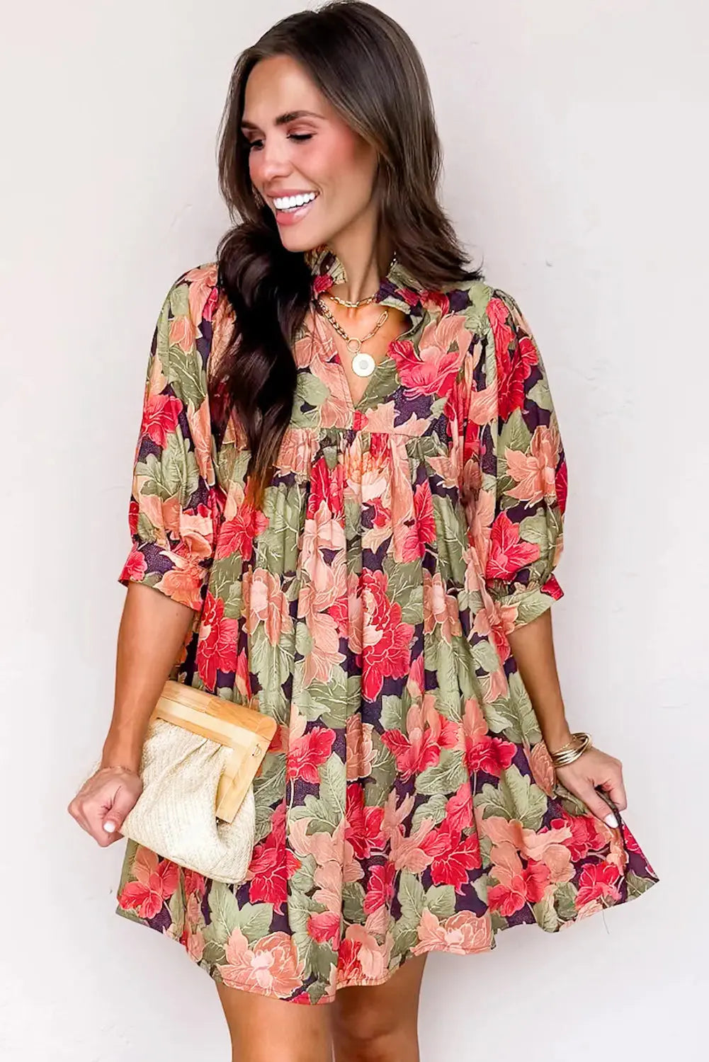 Green Floral Print Frilled Collar V Neck Half Sleeve Mini Dress Markonline