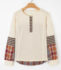 Beige Waffle Stripe Plaid Patchwork Henley Knit Top Markonline