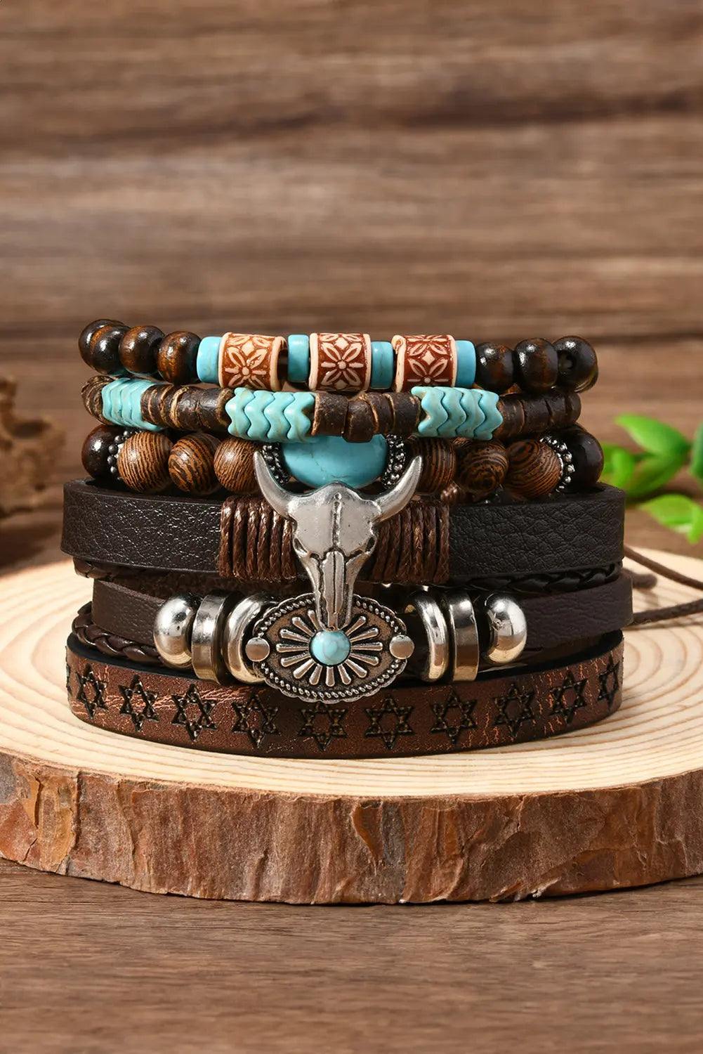 Chestnut 6 Piece Western Bull Skull Turquoise Beading Bracelet Dear-Lover Dropshipping