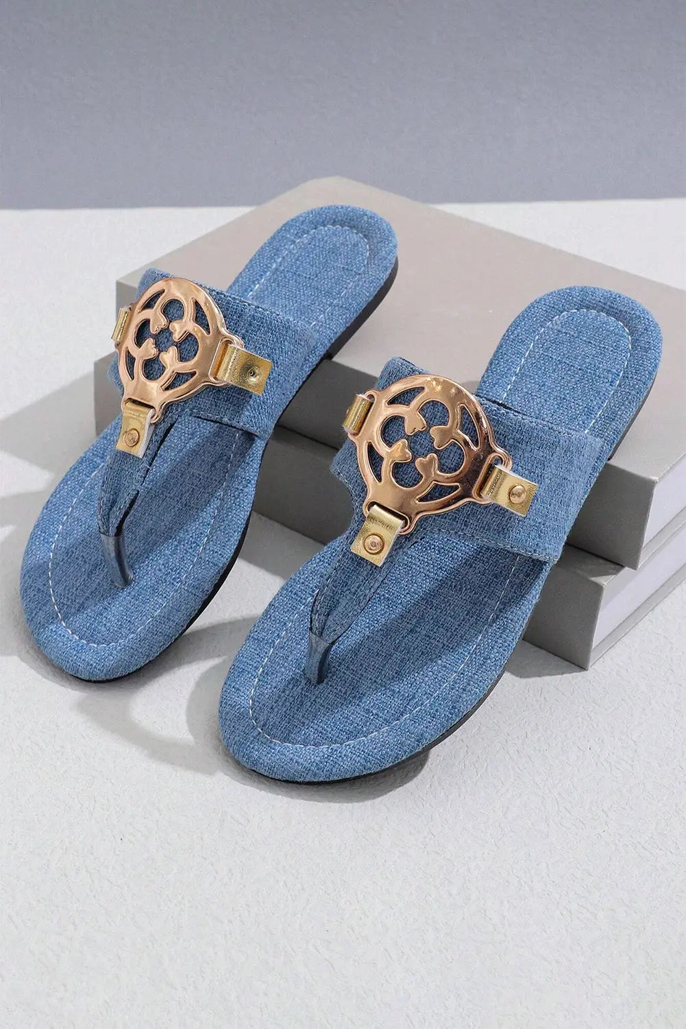 Dusk Blue Metal Decor Leather Thong Slippers Dear-Lover Dropshipping