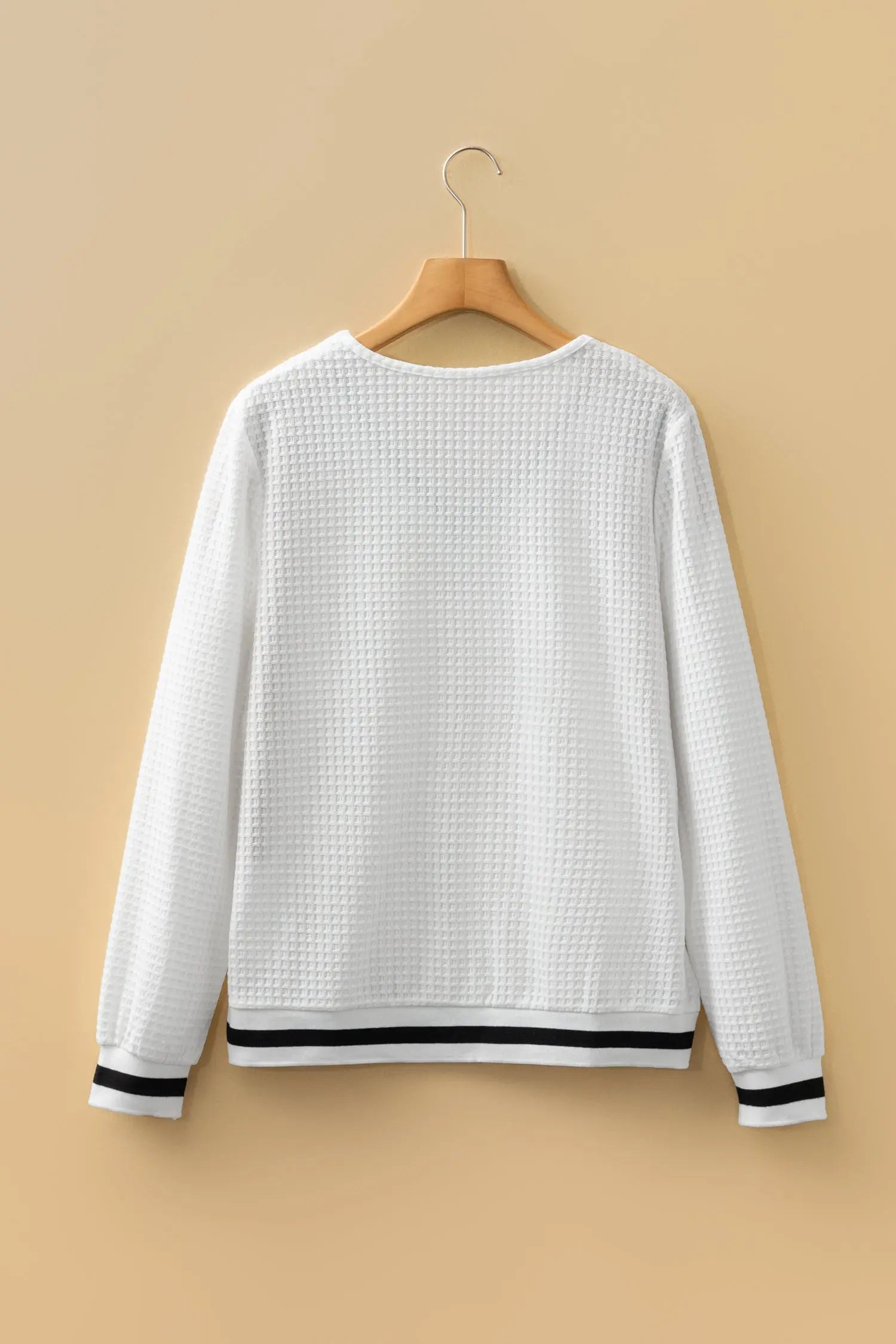 White Textured Knit Preppy Striped Trim V Neck Pullover Waffle Top Dear-Lover Dropshipping
